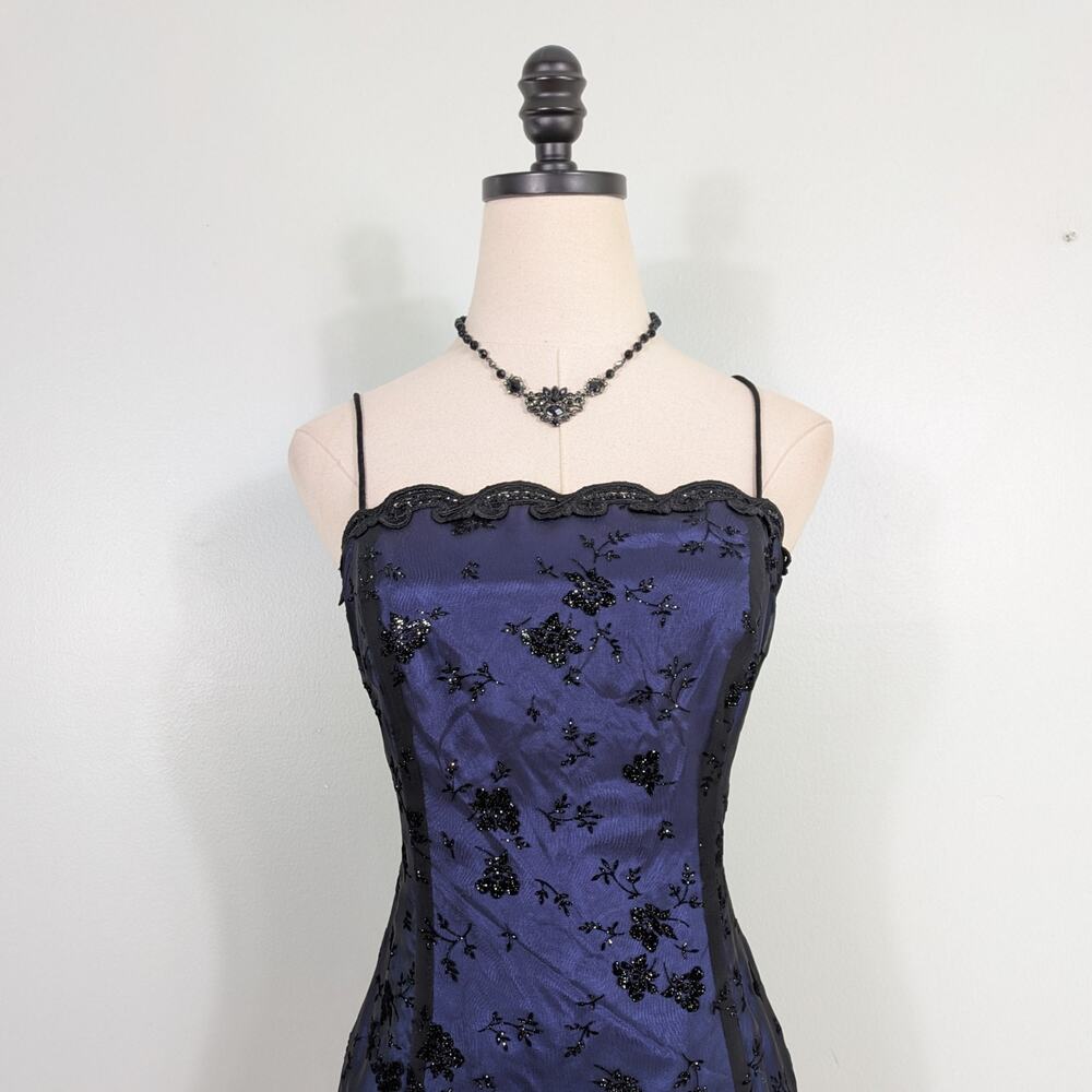 Vintage Betsy Adam Prom Dress Maxi Gown M Blue Black 90s Goth Velvet Floral - Picture 7 of 14